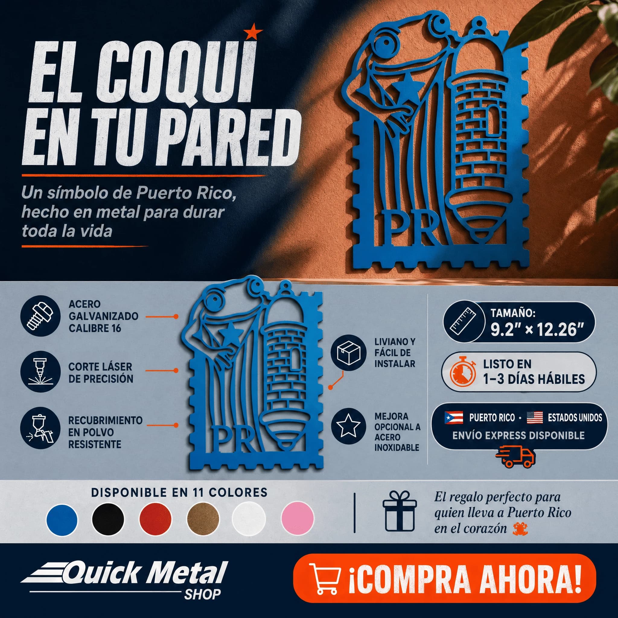 Quick Metal Shop product ad for the laser-cut steel coquí wall piece, with specs, finishes and shipping detail