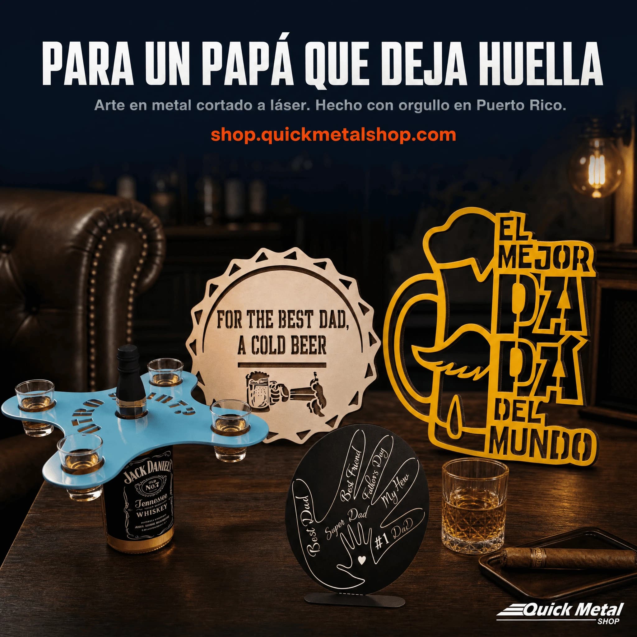 Quick Metal Shop Father's Day product ad featuring laser-cut metal gifts