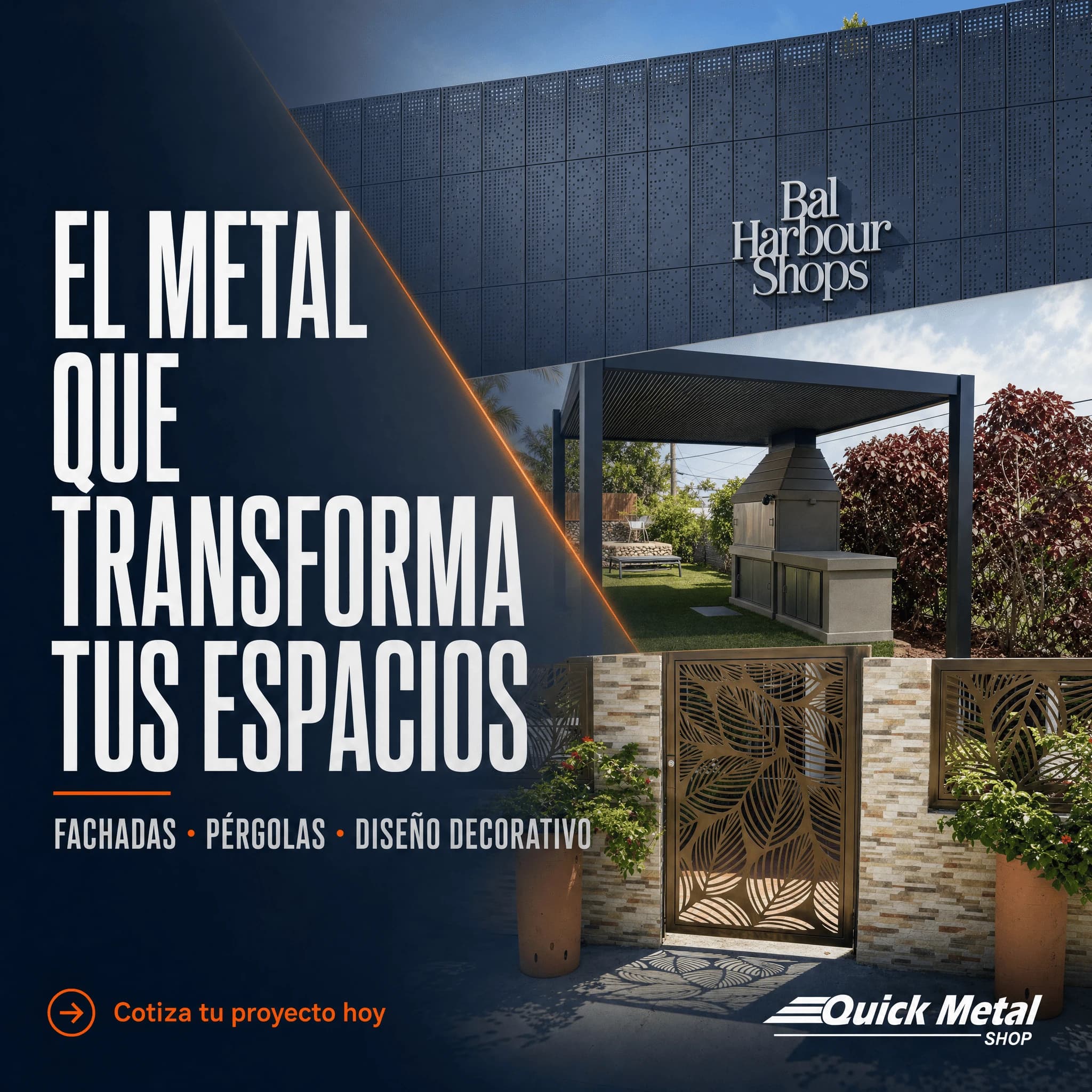 Quick Metal Shop B2B ad for facades, pergolas and decorative metal design in architectural projects