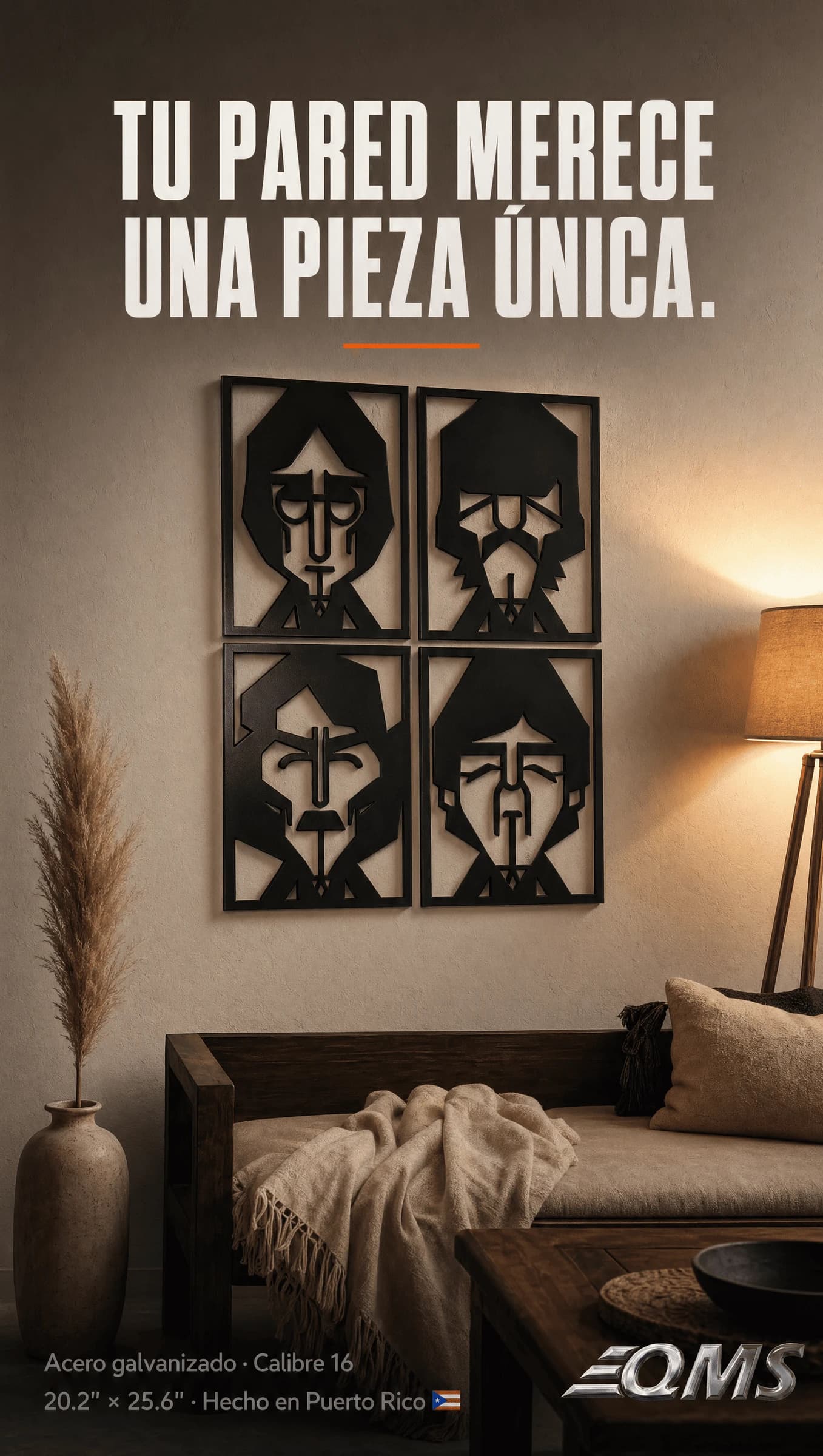 Quick Metal Shop product ad for a four-panel laser-cut steel wall piece in a living room setting