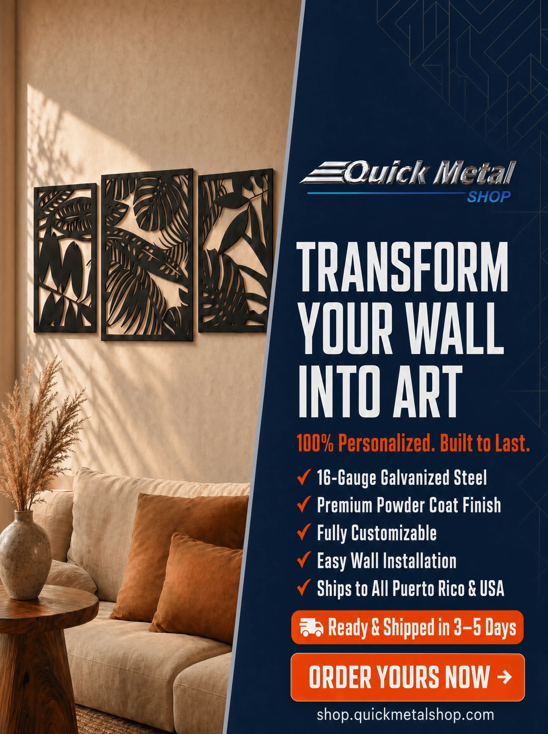 Quick Metal Shop English-language ad for customizable laser-cut steel wall art, shipping to Puerto Rico and the USA